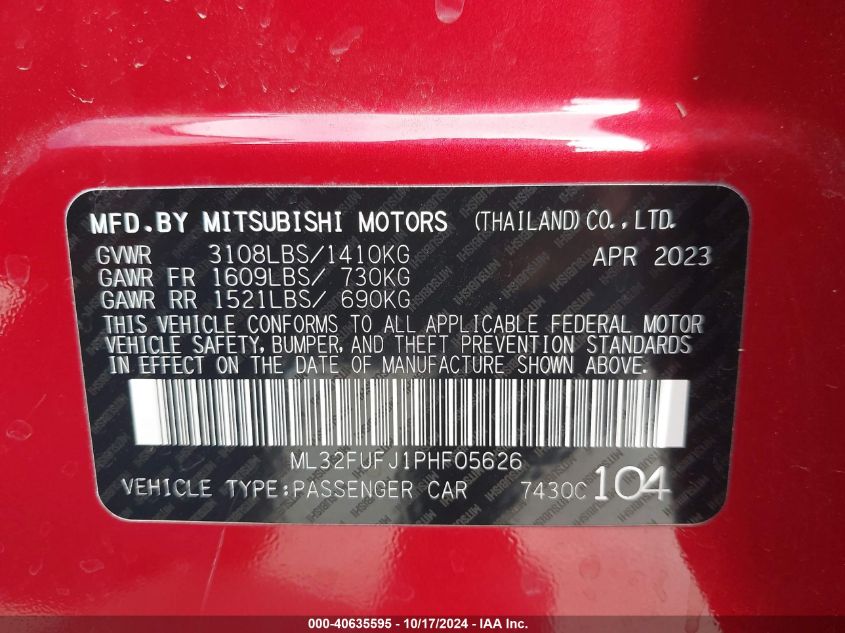 2023 Mitsubishi Mirage G4 Es VIN: ML32FUFJ1PHF05626 Lot: 40635595