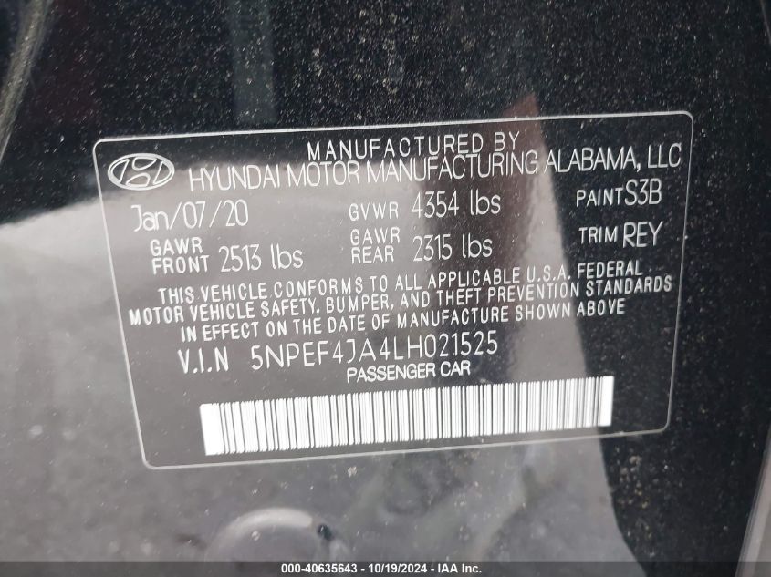 2020 Hyundai Sonata Sel VIN: 5NPEF4JA4LH021525 Lot: 40635643