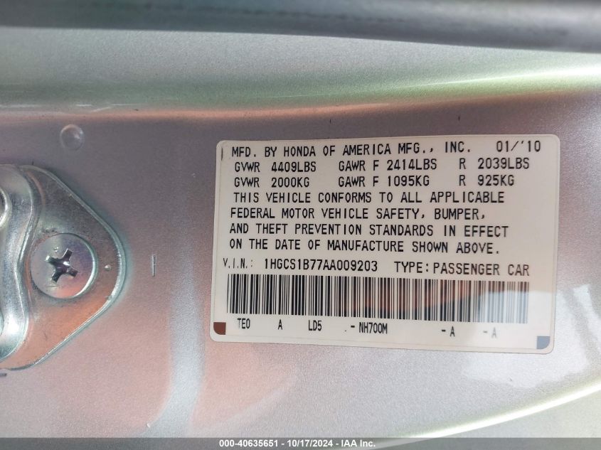 2010 Honda Accord 2.4 Ex VIN: 1HGCS1B77AA009203 Lot: 40635651