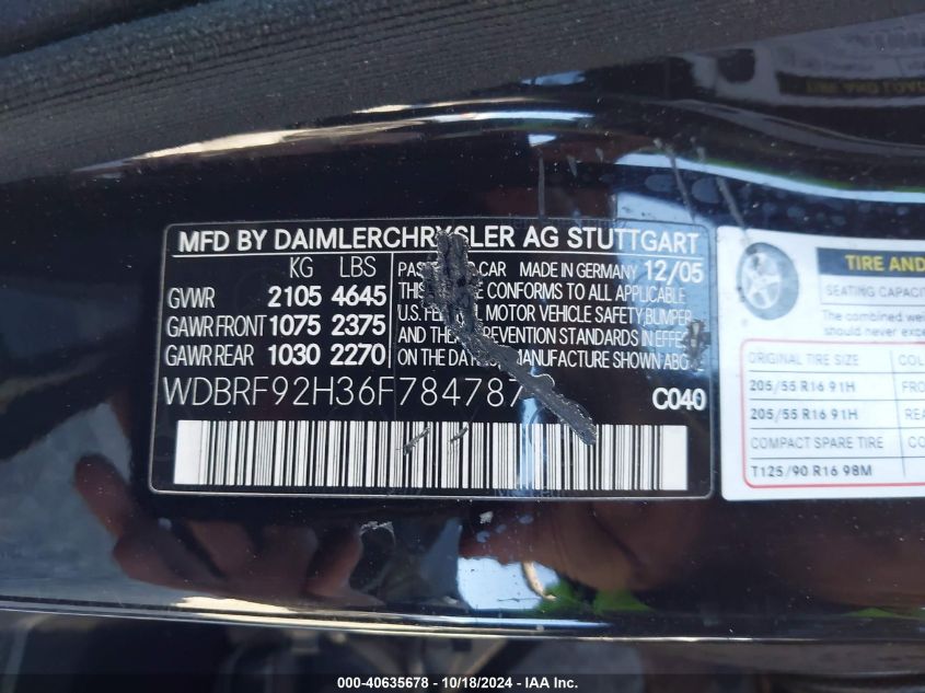 2006 Mercedes-Benz C 280 Luxury 4Matic VIN: WDBRF92H36F784787 Lot: 40635678