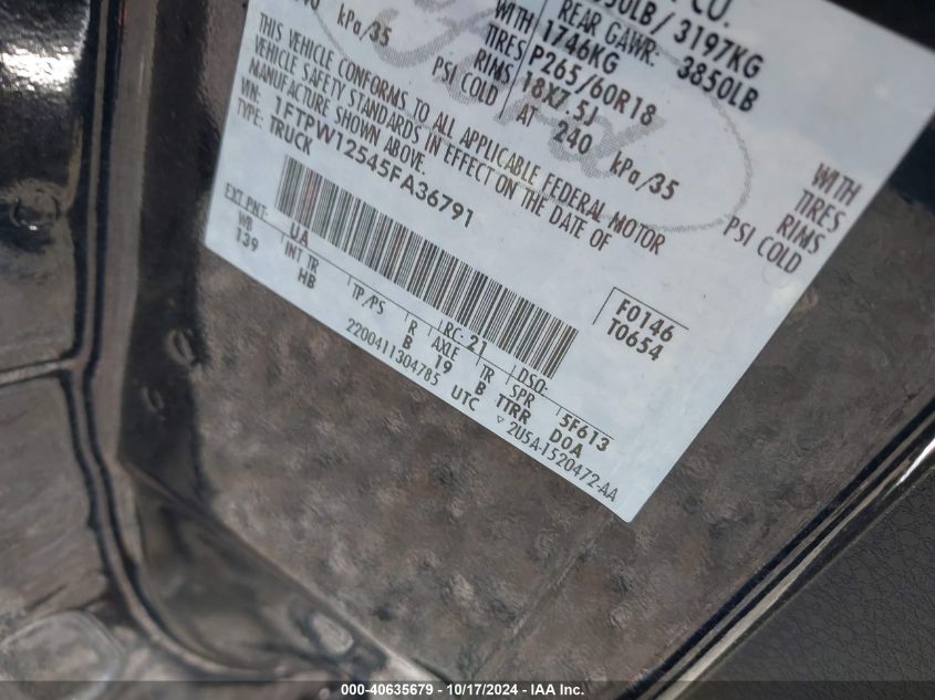 2005 Ford F-150 Lariat/Xlt VIN: 1FTPW12545FA36791 Lot: 40635679