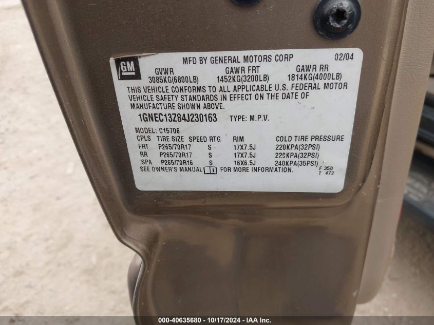 2004 Chevrolet Tahoe Lt VIN: 1GNEC13Z84J230163 Lot: 40635680