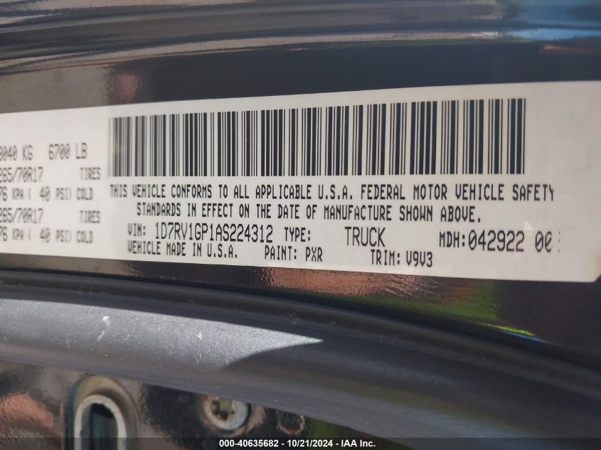 2010 Dodge Ram 1500 St VIN: 1D7RV1GP1AS224312 Lot: 40635682