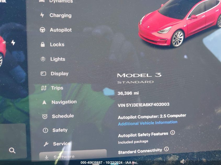 2019 Tesla Model 3 Long Range/Mid Range/Standard Range/Standard Range Plus VIN: 5YJ3E1EA6KF402003 Lot: 40635687