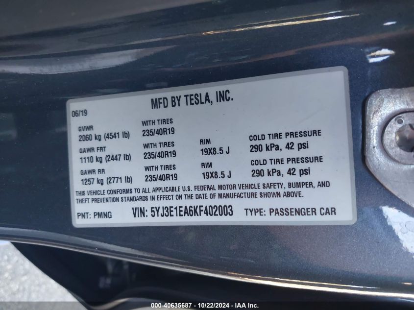 2019 Tesla Model 3 Long Range/Mid Range/Standard Range/Standard Range Plus VIN: 5YJ3E1EA6KF402003 Lot: 40635687