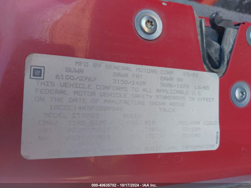 1993 Chevrolet Gmt-400 C1500 VIN: 1GCEC14K5PZ229049 Lot: 40635702