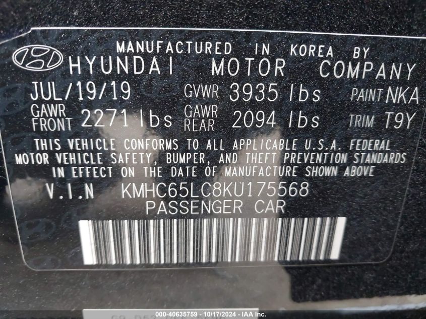 2019 Hyundai Ioniq Hybrid Blue VIN: KMHC65LC8KU175568 Lot: 40635759