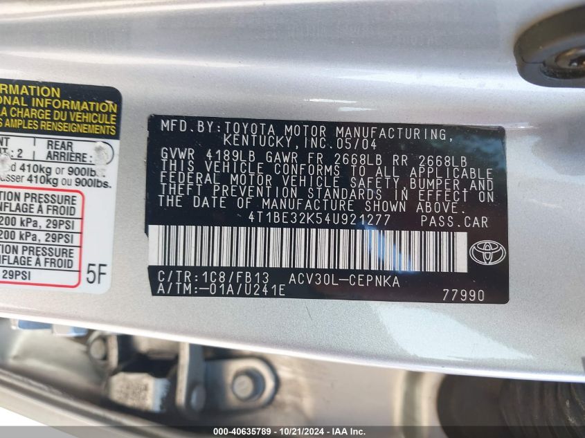 2004 Toyota Camry Le/Xle/Se VIN: 4T1BE32K54U921277 Lot: 40635789