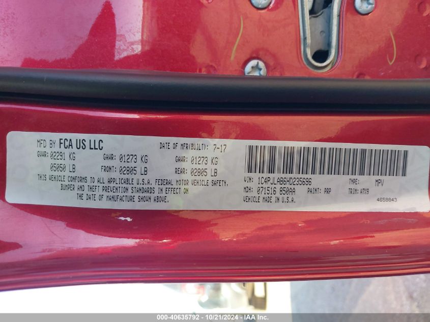 2017 Jeep Cherokee Sport Fwd VIN: 1C4PJLAB6HD235696 Lot: 40635792