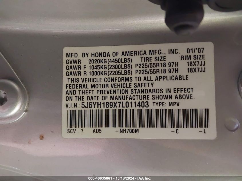 2007 Honda Element Sc VIN: 5J6YH189X7L011403 Lot: 40635861