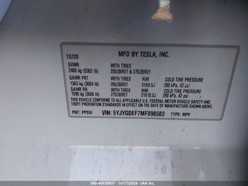 2021 Tesla Model Y Performance Dual Motor All-Wheel Drive VIN: 5YJYGDEF7MF098583 Lot: 40635937