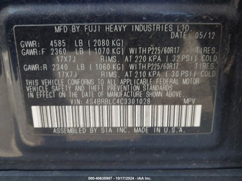 2012 Subaru Outback 2.5I Limited VIN: 4S4BRBLC4C3301028 Lot: 40635987