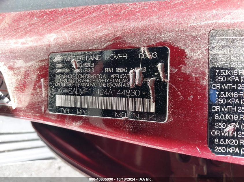 2004 Land Rover Range Rover Hse VIN: SALMF11424A144830 Lot: 40635990