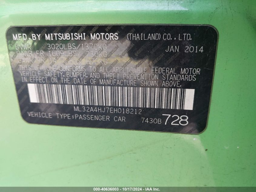 2014 Mitsubishi Mirage Es VIN: ML32A4HJ7EH018212 Lot: 40636003