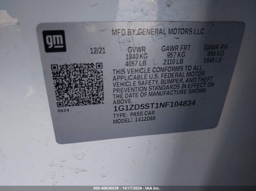 2022 CHEVROLET MALIBU VIN: 1G1ZD5ST1NF104834