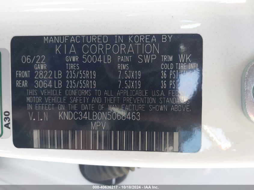 2022 Kia Ev6 Light VIN: KNDC34LB0N5068463 Lot: 40636217