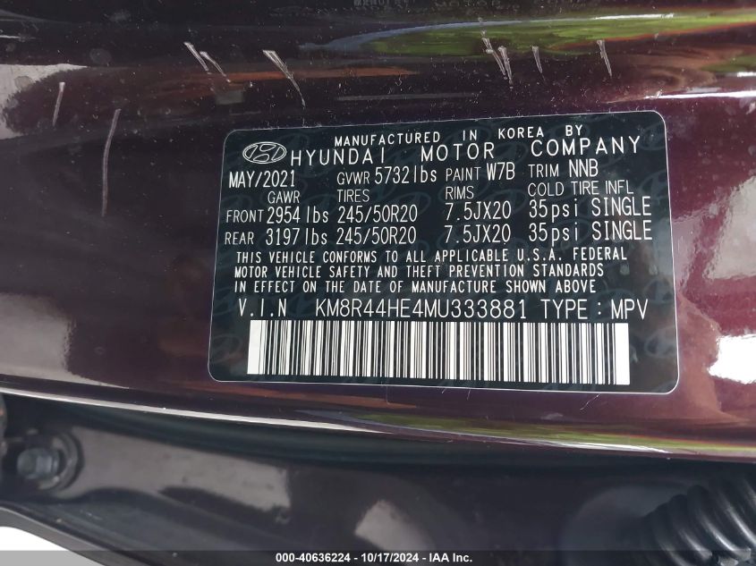 2021 Hyundai Palisade Sel VIN: KM8R44HE4MU333881 Lot: 40636224