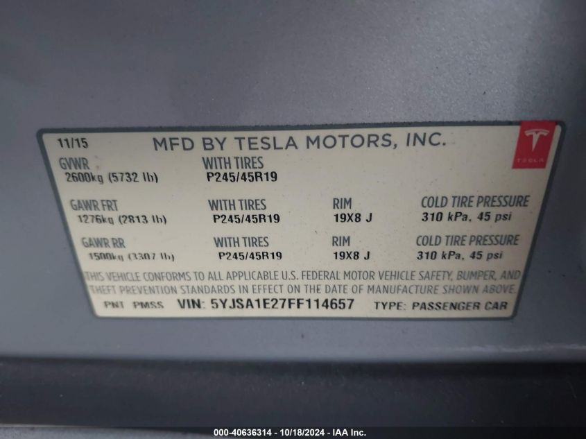 2015 Tesla Model S 70D/85D/P85D VIN: 5YJSA1E27FF114657 Lot: 40636314