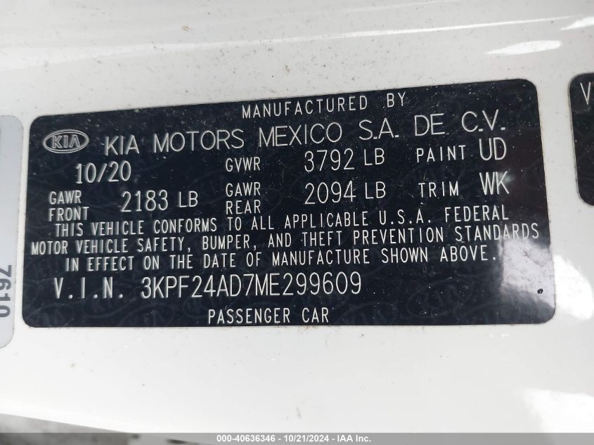 2021 Kia Forte Lxs VIN: 3KPF24AD7ME299609 Lot: 40636346