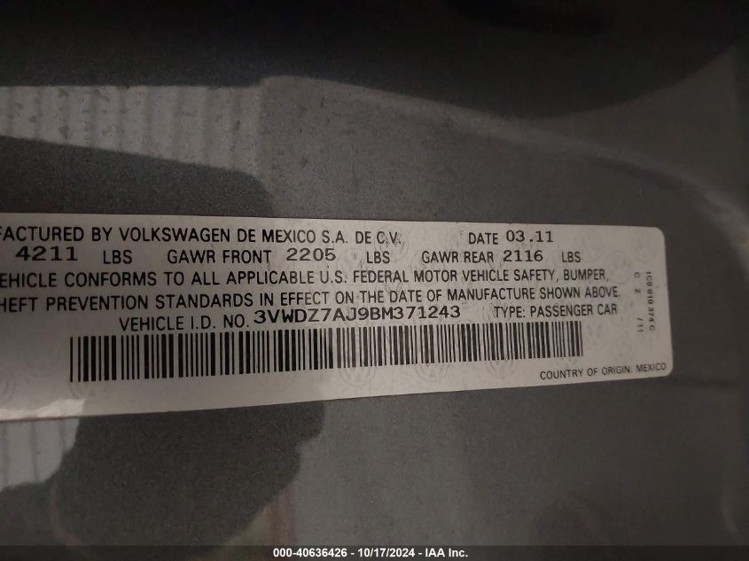 2011 Volkswagen Jetta 2.5L Se VIN: 3VWDZ7AJ9BM371243 Lot: 40636426