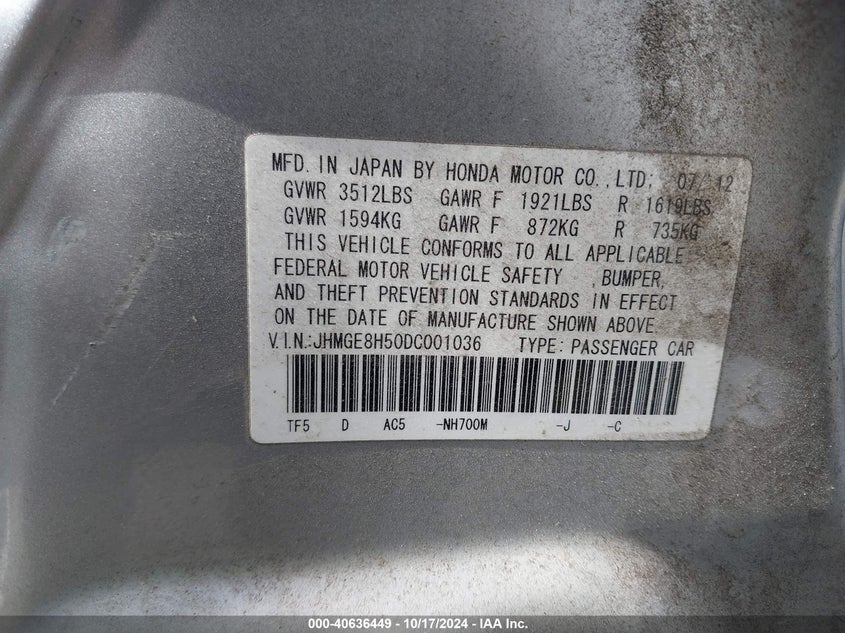 2013 HONDA FIT SPORT - JHMGE8H50DC001036