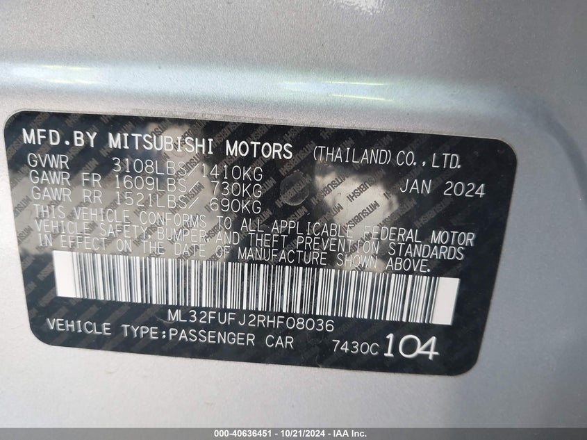 2024 MITSUBISHI MIRAGE G4 1.2L I-3 DOHC, VVT, (VIN: ML32FUFJ2RHF08036