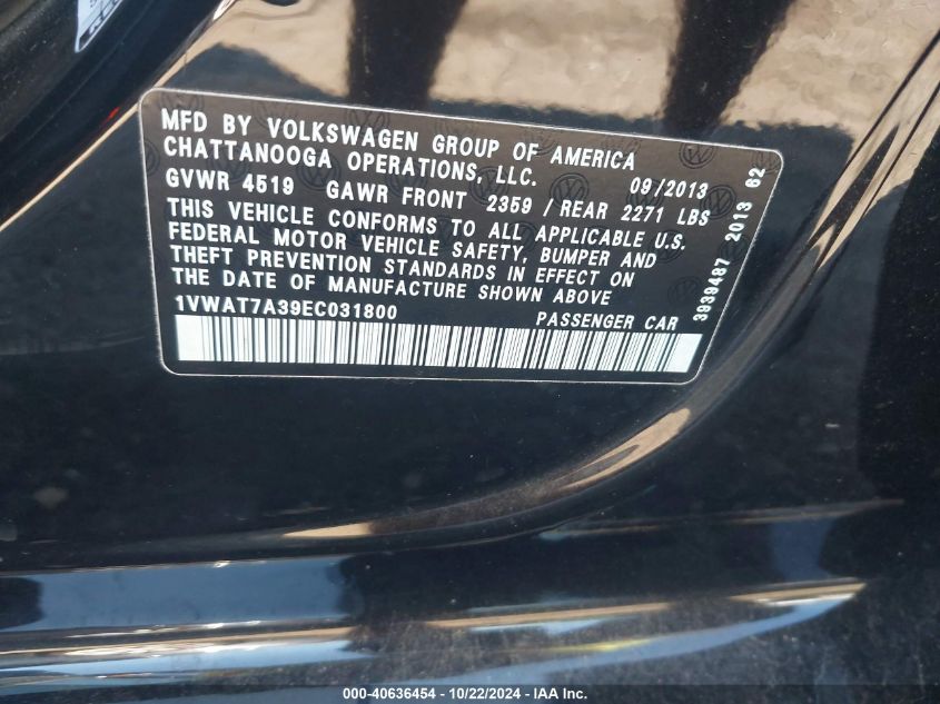 2014 Volkswagen Passat 1.8T Wolfsburg Edition VIN: 1VWAT7A39EC031800 Lot: 40636454