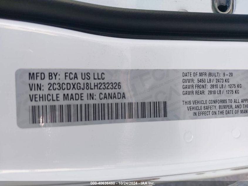 2020 Dodge Charger Scat Pack Rwd VIN: 2C3CDXGJ8LH232326 Lot: 40636480