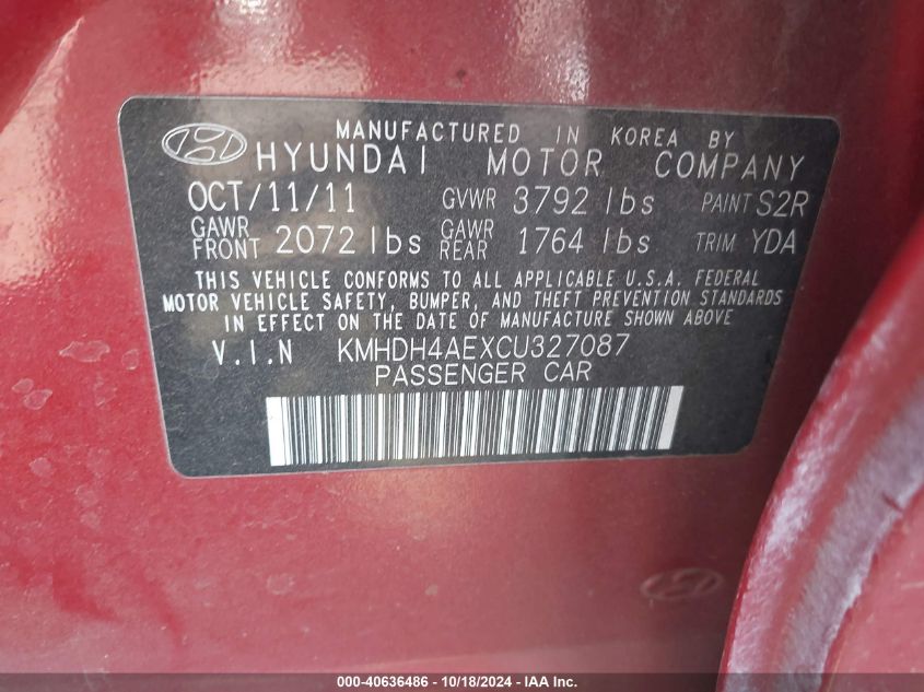 2012 Hyundai Elantra Gls (Ulsan Plant) VIN: KMHDH4AEXCU327087 Lot: 40636486