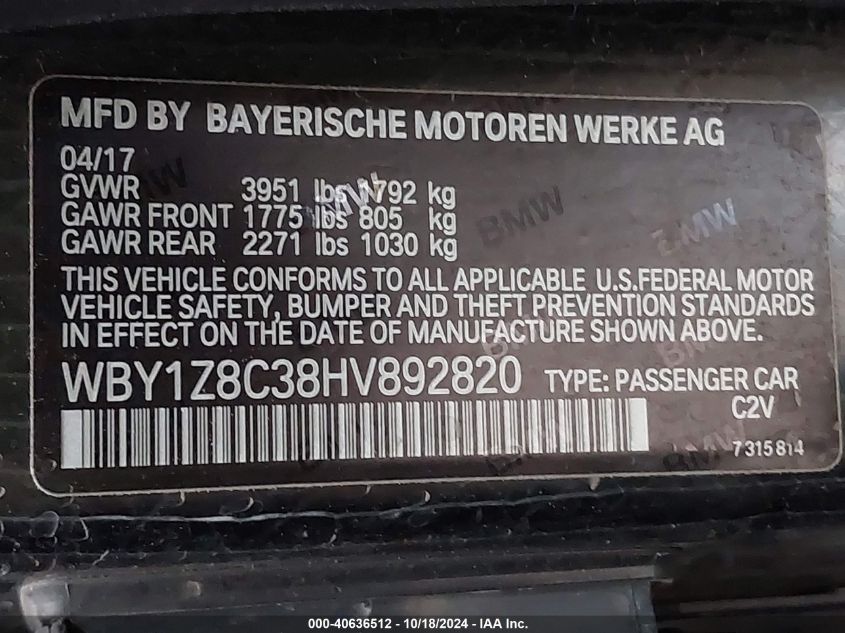 2017 BMW I3 94 Ah W/Range Extender VIN: WBY1Z8C38HV892820 Lot: 40636512