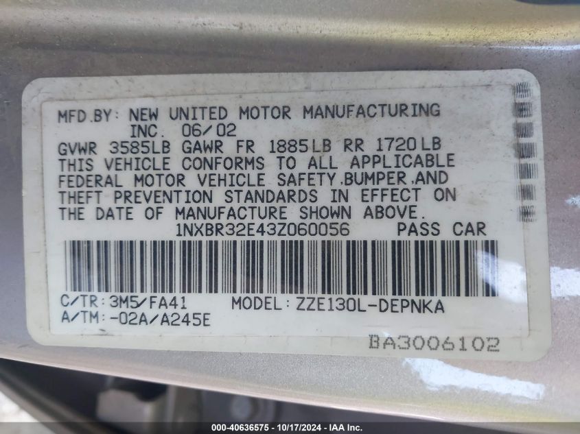 2003 Toyota Corolla Le VIN: 1NXBR32E43Z060056 Lot: 40636575