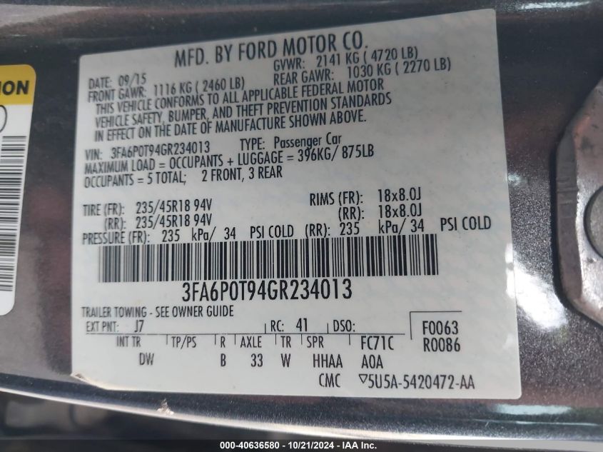 VIN 3FA6P0T94GR234013 2016 FORD FUSION no.9