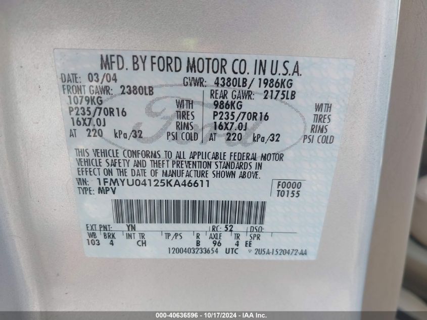 2005 Ford Escape Limited VIN: 1FMYU04125KA46611 Lot: 40636596