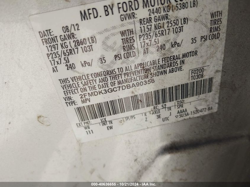 2013 Ford Edge Se VIN: 2FMDK3GC7DBA90356 Lot: 40636655