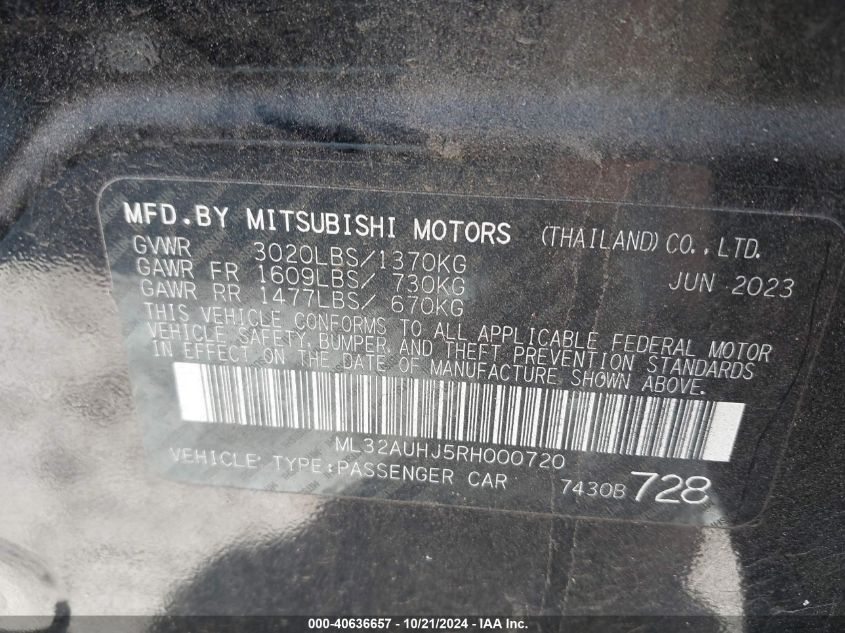 2024 Mitsubishi Mirage Es/Le VIN: ML32AUHJ5RH000720 Lot: 40636657