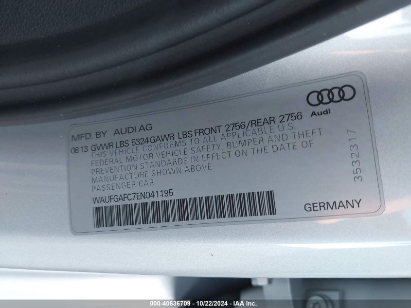 2014 Audi A6 3.0T Premium Plus VIN: WAUFGAFC7EN041195 Lot: 40636709