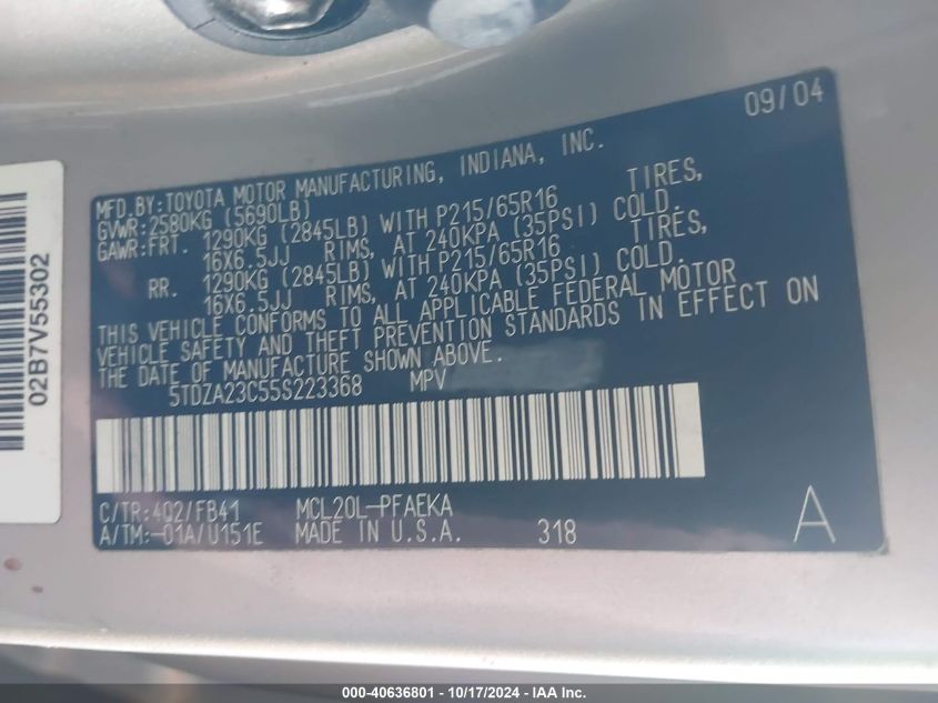 2005 Toyota Sienna Le VIN: 5TDZA23C55S223368 Lot: 40636801