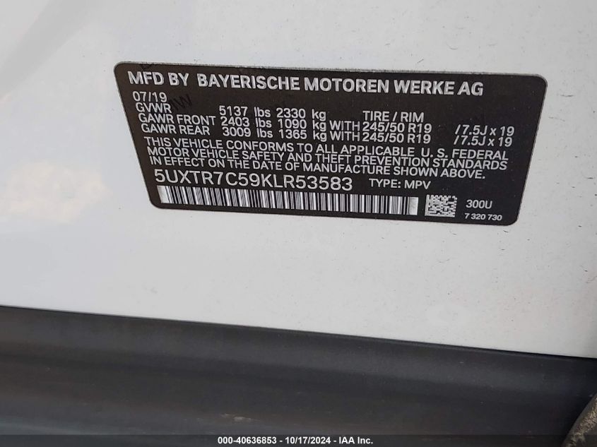 VIN 5UXTR7C59KLR53583 2019 BMW X3, Sdrive30I no.9