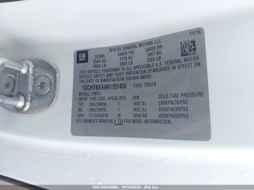 2017 Chevrolet Colorado Wt VIN: 1GCHTBEA9H1151450 Lot: 40636868