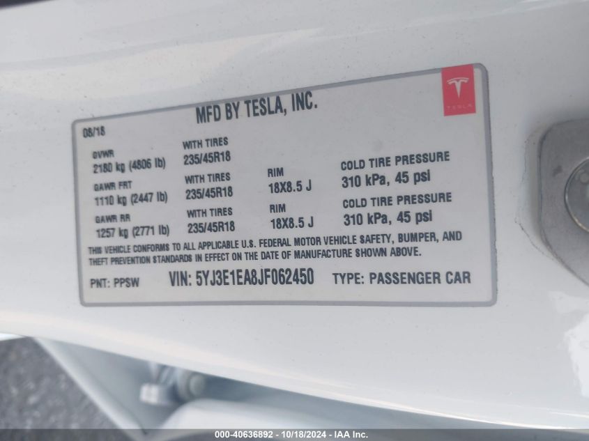 2018 TESLA MODEL 3 LONG RANGE/MID RANGE - 5YJ3E1EA8JF062450