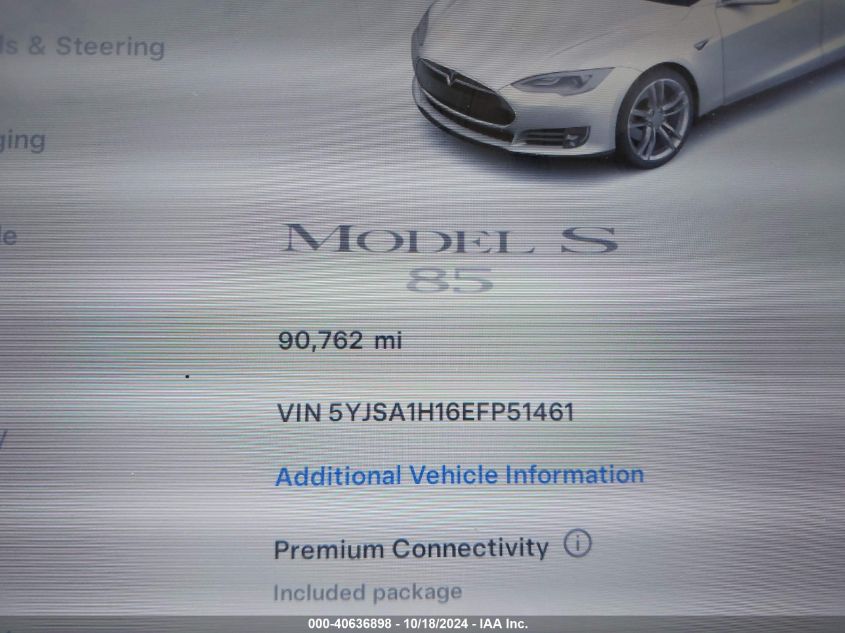 2014 Tesla Model S P85 VIN: 5YJSA1H16EFP51461 Lot: 40636898