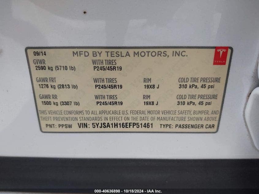 2014 Tesla Model S P85 VIN: 5YJSA1H16EFP51461 Lot: 40636898