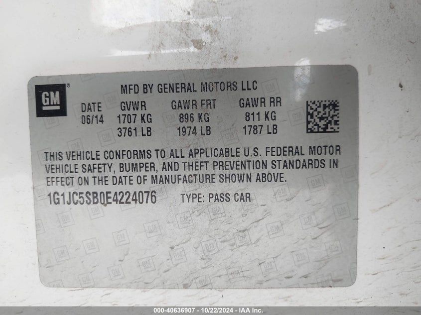 2014 CHEVROLET SONIC VIN: 1G1JC5SB0E4224076
