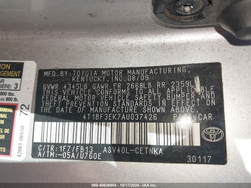 2010 Toyota Camry Le VIN: 4T1BF3EK7AU037426 Lot: 40636954