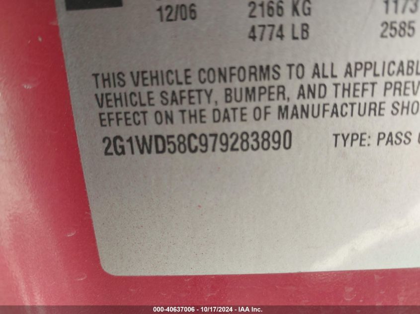 2007 Chevrolet Impala Ss VIN: 2G1WD58C979283890 Lot: 40637006