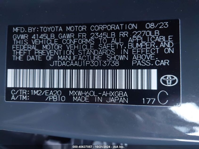 2023 Toyota Prius Xle VIN: JTDACAAU1P3013738 Lot: 40637057