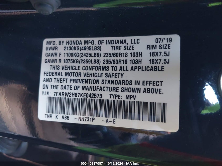 VIN 7FARW2H87KE042573 2019 HONDA CR-V EX-L