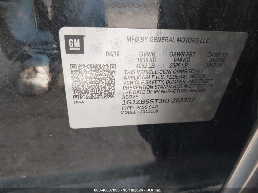 VIN 1G1ZB5ST3KF202233 2019 Chevrolet Malibu, 1LS no.9