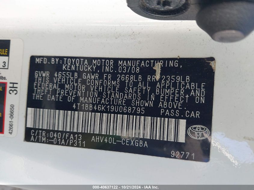 2009 Toyota Camry Hybrid VIN: 4T1BB46K19U068795 Lot: 40637122