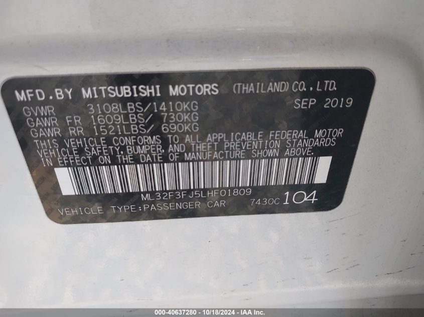 2020 Mitsubishi Mirage G4 Es VIN: ML32F3FJ5LHF01809 Lot: 40637280